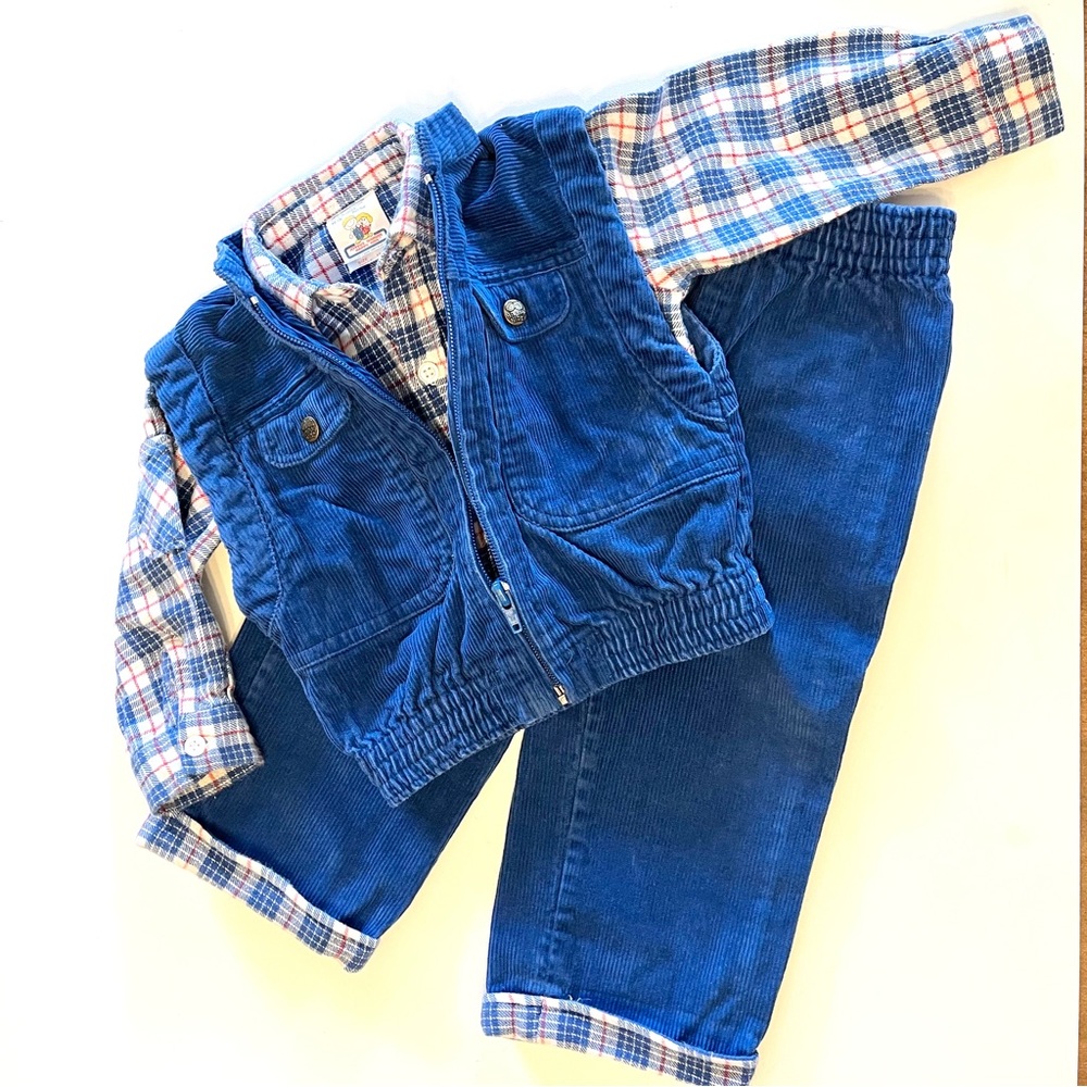 Vintage 3 Piece Blue Corduroy Vest and Pants Set with Flannel Plaid Shirt 18m